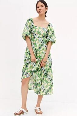 Faithful the Brand Green Plaid Tiered Maxi Dress Cottagecore Puff Sleeve Smocked